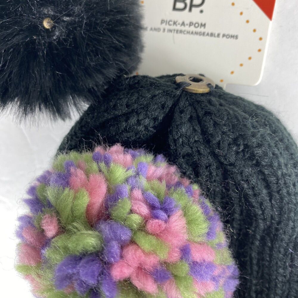 BP Ribbed Beanie Hat with Poms 3 Black Hat Nordstrom Ski Gorpcore Winter NEW - Picture 2 of 4